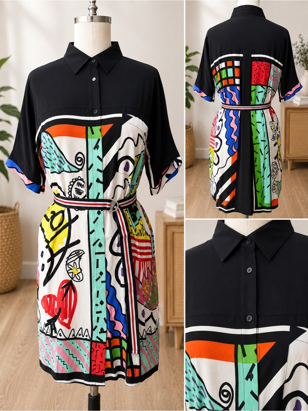 Desigual Abstract Print Belted Shirt Dress Size L NWT 100% Viscose